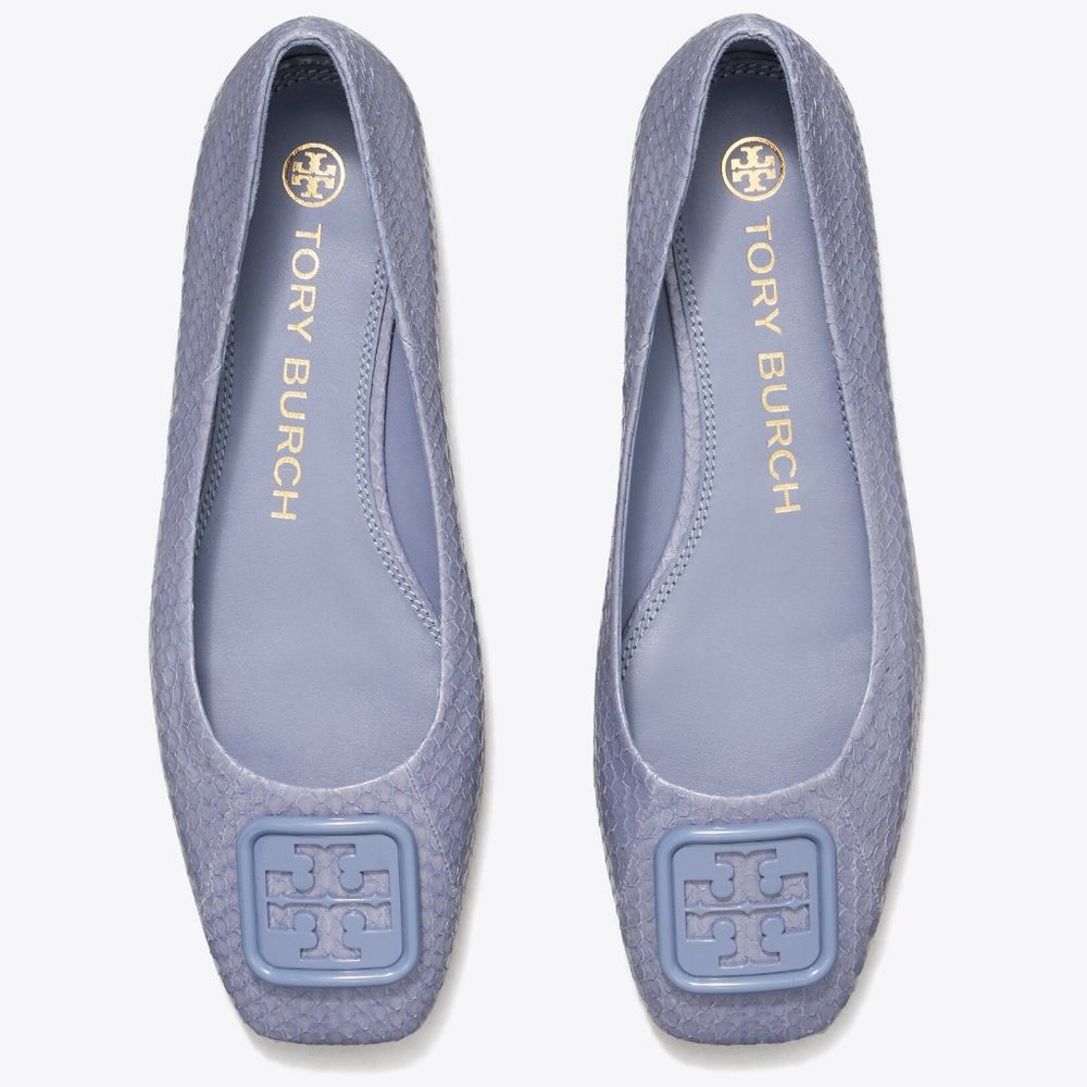 Tory Burch $298 Georgia Ballet Flats Blue Dark Spring Lotus Snake Embossed